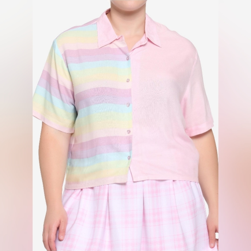 Hot Topic Pastel Striped and Pink Button-Up Top